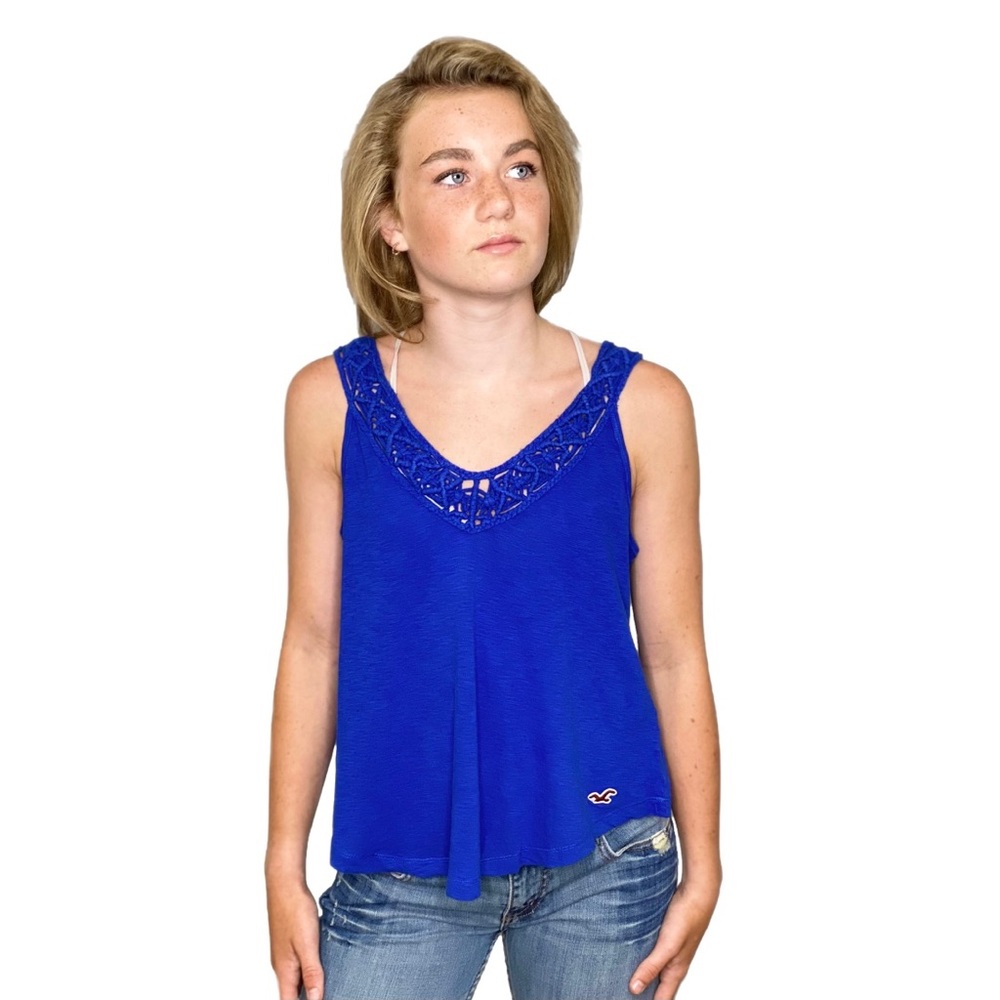 HOLLISTER Open Weave V-Neck Tank Heathered Royal